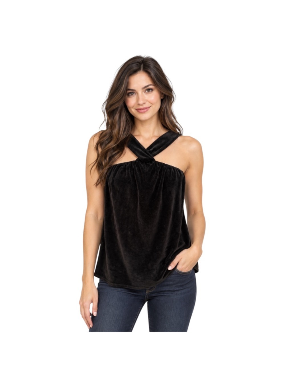 JJ Winks Black Velour Cross Neck Sleeveless Lounge Top Size Large